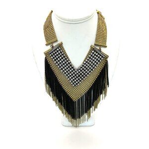 Gold-tone Rhinestone Chainmail Bib Necklace Fringed Chain Statement Boho Chic